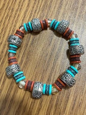 Boho Bracelet Elastic Stretch 4 Beads - Silver, Red, Turquoise, Clear